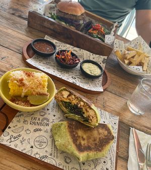 BBQ wrap and chikn Burger with a side of fries   at Meraki Market Cafe in Paphos