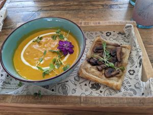 Carrot and ginger soup with mushroom onion tart at Meraki Market Cafe in Paphos