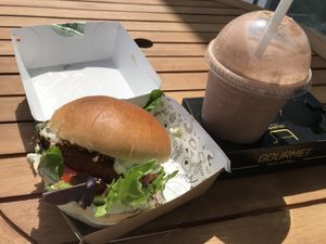 Crispy chik'n ranch seitan burger with the Chocolate peanut butter shake. Burger was okay but I prefer their bean burger or healthy bowls. The shake is great, one of my favourites  at Meraki Market Cafe in Paphos