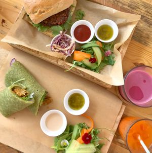 Yummi vegan beetroot burger and spinach falafel wrap at Meraki at Meraki Market Cafe in Paphos