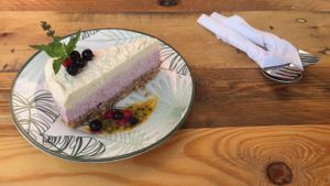 Raspberry and coconut cheesecake  at Meraki Market Cafe in Paphos