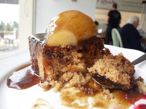 Poached pear and toffee sponge - vegan and gf at Meraki Market Cafe in Paphos