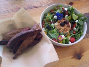 Greek salad and sweet potatoes at Meraki Market Cafe in Paphos
