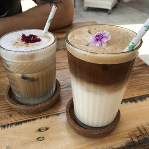 Iced latte with coconut milk and iced cappuccino with soy milk at Meraki Market Cafe in Paphos