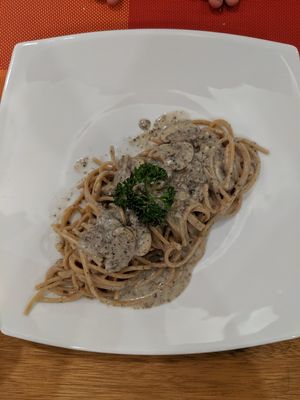 Wholewheat pasta with mushrooms and truffle cream sauce (vegan) at Buon Gusto in Phuket