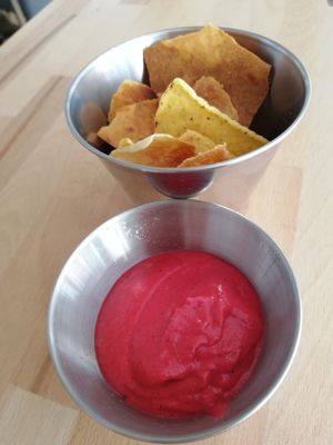 Beet root hummus with glutenfree homemade chips  at Avocado Mallorca in Mallorca