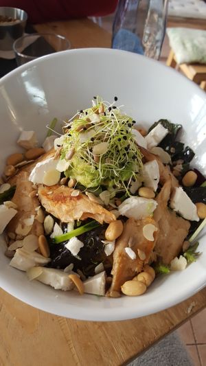 Rice bowl with heura avocado and goat cheese at Avocado Mallorca in Mallorca