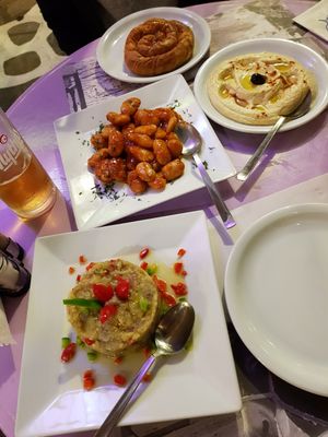 Melizanosalata (vg), gigantes (vg), hummous (vg) and spinach and feta pie (v) at Point Cafe in Mykonos