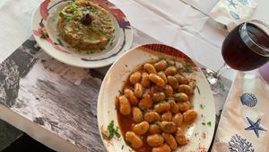 Aubergine, giant beans, red wine  at Point Cafe in Mykonos