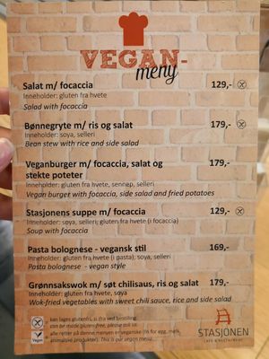 Vegan menu at Stasjonen cafe at Stasjonen in Lillehammer