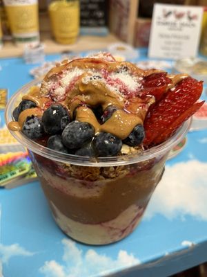 Tropical smoothie bowl with extra blueberries, strawberries and peanut butter   at The Sunrise Shack - Honolulu in Honolulu
