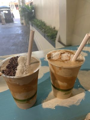 Monkey smoothie and bullet coffee smoothie. So yummy!  at The Sunrise Shack - Honolulu in Honolulu