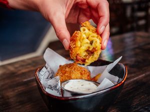 Mac & Cheese Balls stuffed with THIS isn't Bacon and pickles. at Church - Temple of Fun in Sheffield