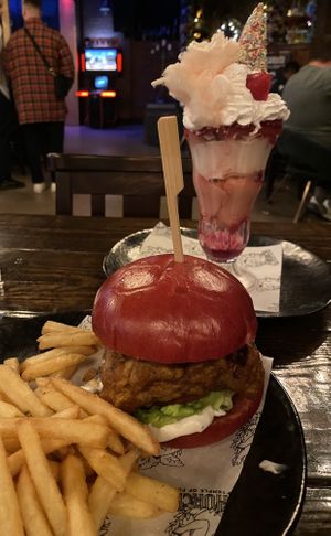 Build your own burger (with fried ‘chicken fillet’) and Unicorn sundae at Church - Temple of Fun in Sheffield