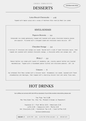 Dessert Menu - Jan 22 #Veganuary at Church - Temple of Fun in Sheffield
