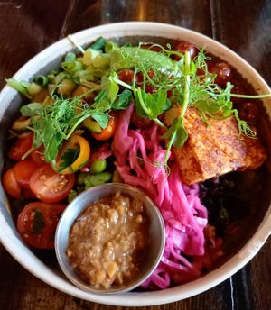 Buddha bowl with tofu steak, balsamic grapes & peanut miso sauce at Church - Temple of Fun in Sheffield