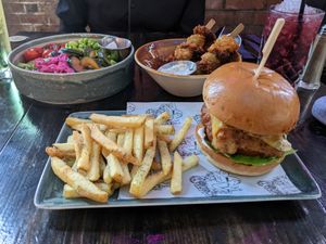 Vegan burger and fries at Church - Temple of Fun in Sheffield