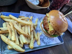 Vegan burger and fries at Church - Temple of Fun in Sheffield