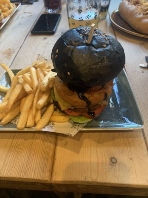 Charcoal bun burger   at Church - Temple of Fun in Sheffield