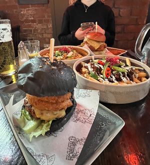 syko burger, frango burger, satay fries & duck fries  at Church - Temple of Fun in Sheffield