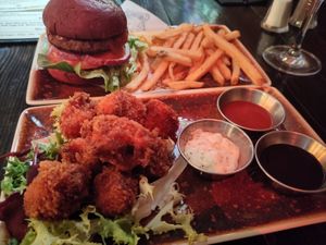 Burger, fries and popcorn cauliflower at Church - Temple of Fun in Sheffield