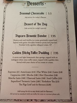 Dessert menu at Church - Temple of Fun in Sheffield
