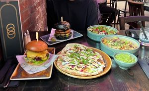 Psycho burger, Chicken burger, loaded fries, and the donner  at Church - Temple of Fun in Sheffield