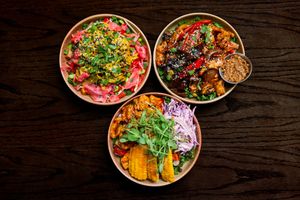 2025 - Current salads
L-R
Satay Ch*cken
BBQ Ch*cken
Rainbow Thai Ch*cken at Church - Temple of Fun in Sheffield