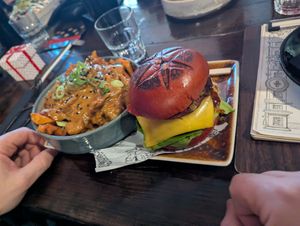 Hex Mex burger & satay fries at Church - Temple of Fun in Sheffield