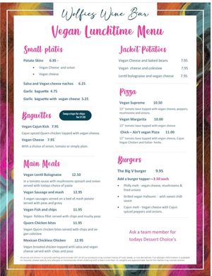 Wolfies lunch menu at Wolfies Wine Bar in Skegness