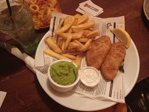 Nicely presented vegan fish and chips at Wolfies Wine Bar in Skegness