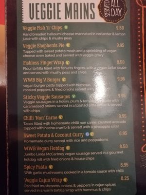 Vegan menu at Wolfies Wine Bar in Skegness