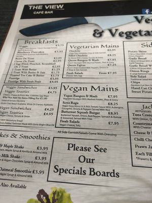 Separate veg menu at The View in Skegness