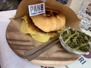 Panino con lupin meat, fig sauce and dried tomato at Pan8 in Bologna