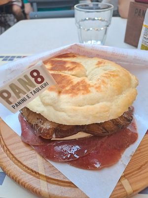Beans carpachio, mozzalera di bufala, eggplant and dry tomato at Pan8 in Bologna