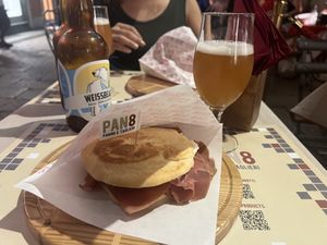 Chickpea Carpaccio, soy cheese, panini and a good beer!  at Pan8 in Bologna