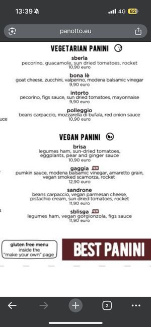 Vegan menu as of 9th June 2025  at Pan8 in Bologna