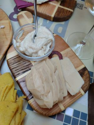 Two of the cheese part of the vegan plate at Pan8 in Bologna