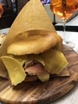 Sandwich with vegan meats, olive spread, sundried tomatoes  at Pan8 in Bologna