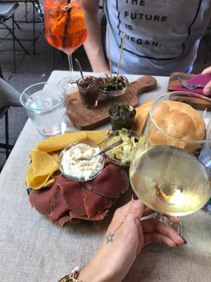 vegan platter with some additional spreads and veggies at Pan8 in Bologna