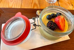 Mango mousse with fruit (vegan). Tasty!  at Jon Riki in Hofn