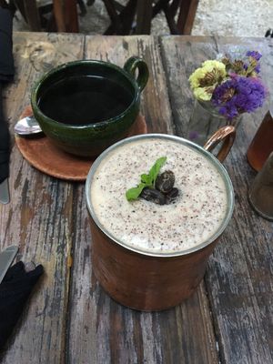 Bebida de coco, cacao y café :) at Farm To Table in Tulum
