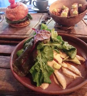 Water melon salad and veggie burger  at Farm To Table in Tulum