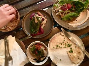 Green rolls, watermelon salad & hummus - all winners! at Farm To Table in Tulum