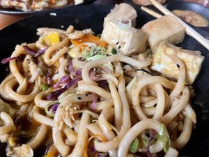 Hong Kong style fried Udon + extra tofu  at Silk in Korcula