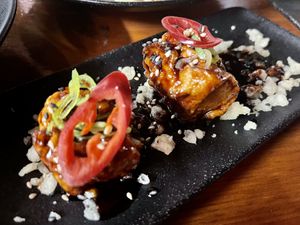 Sweet + spicy tofu (three pieces - we’d already eaten one!)  at Silk in Korcula