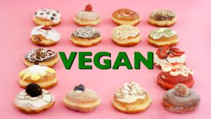 Over 10 flavors of vegan donuts available  at Happy Donuts in West London