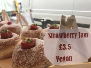 Filled with organic strawberry jam  at Happy Donuts in West London