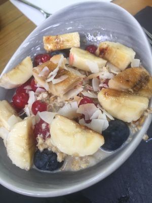 Coconut muesli with caramel banana  at Cafe Forty One in West London