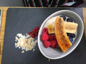 Coconut muesli with caramelised banana  at Cafe Forty One in West London